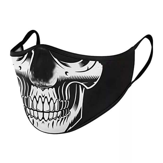 Black face mask with white skull print